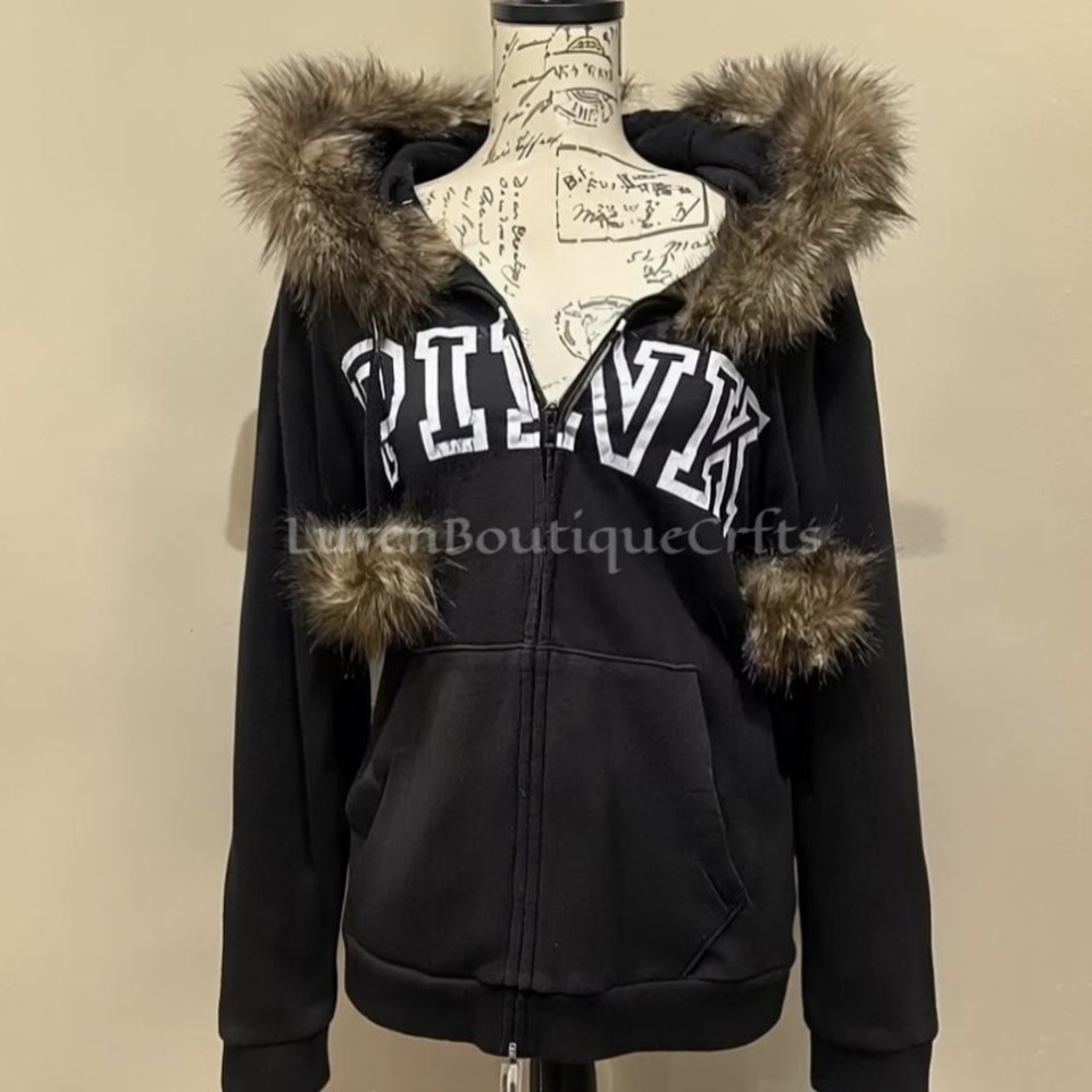 Black Hoodie with Fur Trim and Pink Logo